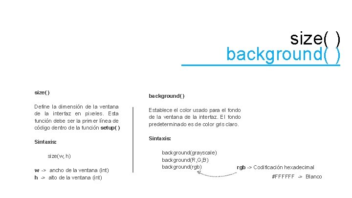 size( ) background( ) size( ) Define la dimensión de la ventana de la