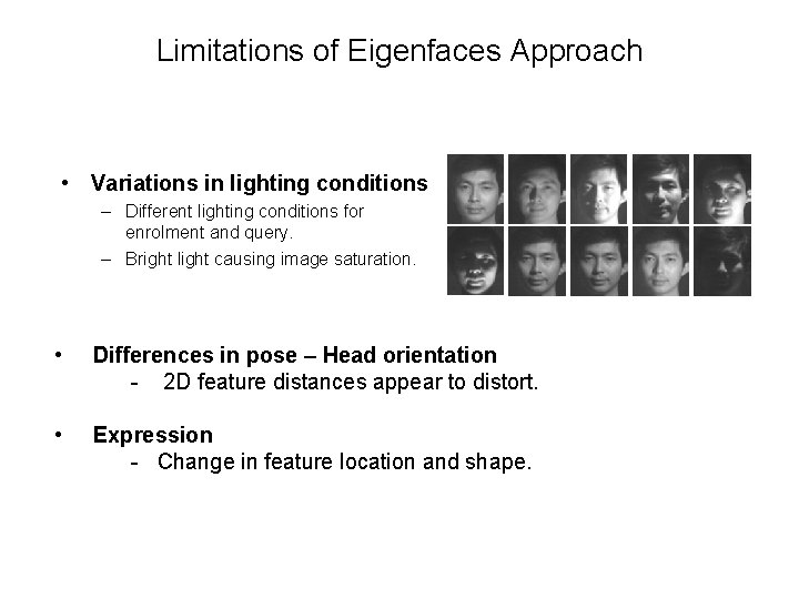 Limitations of Eigenfaces Approach • Variations in lighting conditions – Different lighting conditions for