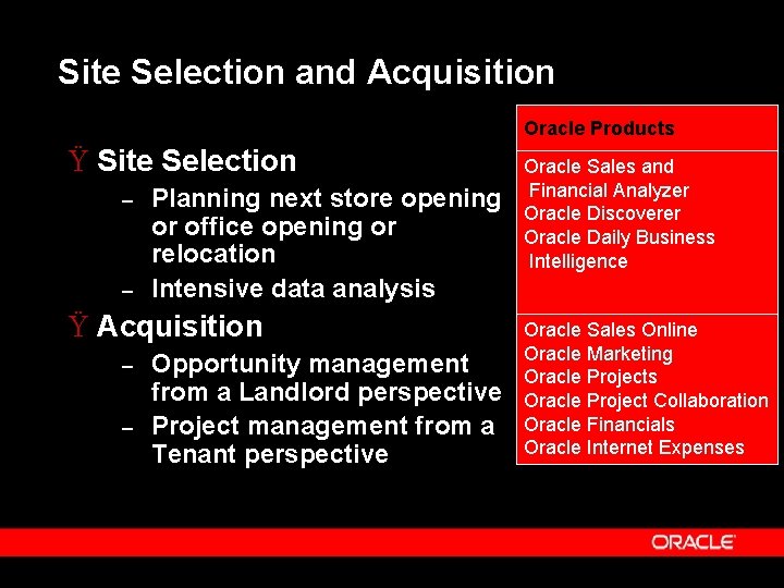 Site Selection and Acquisition Oracle Products Ÿ Site Selection – – Planning next store