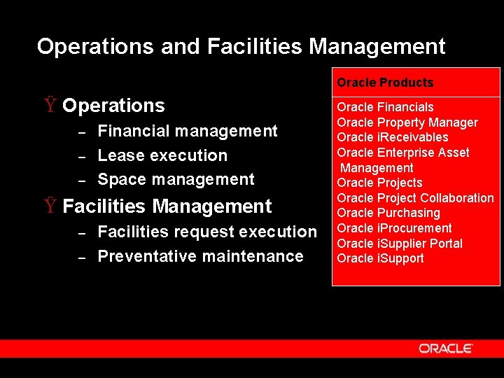 Operations and Facilities Management Oracle Products Ÿ Operations – – – Financial management Lease