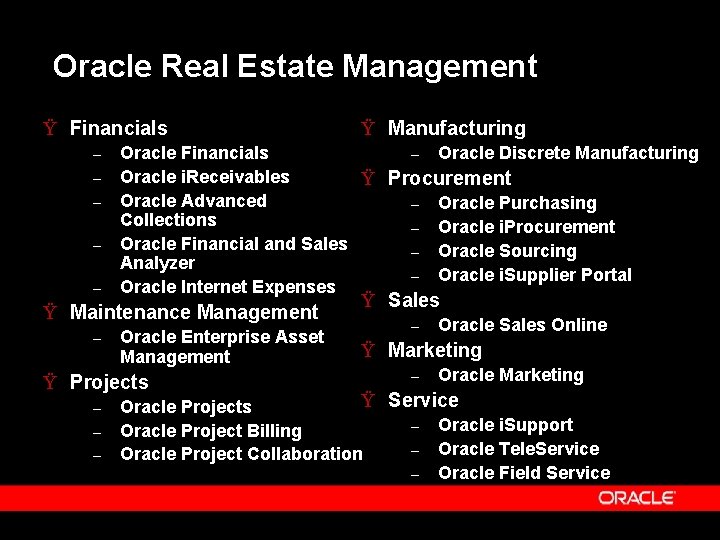 Oracle Real Estate Management Ÿ Financials – – – Oracle Financials – Oracle Discrete