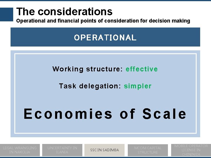 The considerations Operational and financial points of consideration for decision making OPERATIONAL Working structure: