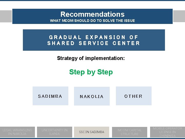 Recommendations WHAT MCOM SHOULD DO TO SOLVE THE ISSUE GRADUAL EXPANSION OF SHARED SERVICE