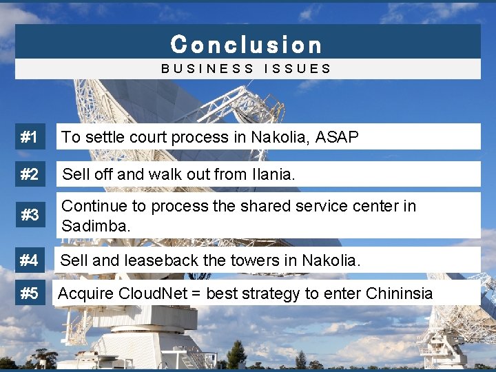 Conclusion BUSINESS ISSUES #1 To settle court process in Nakolia, ASAP #2 Sell off