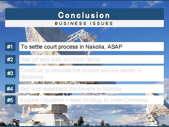 Conclusion BUSINESS ISSUES #1 To settle court process in Nakolia, ASAP #2 Sell off