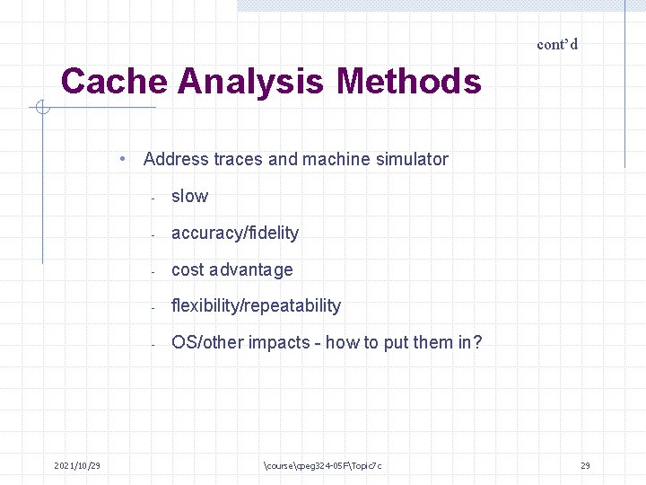 cont’d Cache Analysis Methods • Address traces and machine simulator 2021/10/29 - slow -