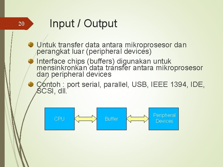 20 Input / Output Untuk transfer data antara mikroprosesor dan perangkat luar (peripheral devices)