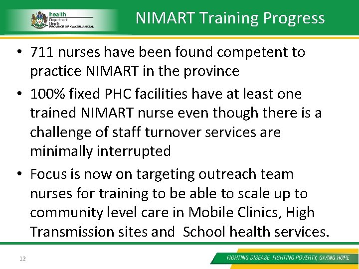 NIMART Training Progress • 711 nurses have been found competent to practice NIMART in