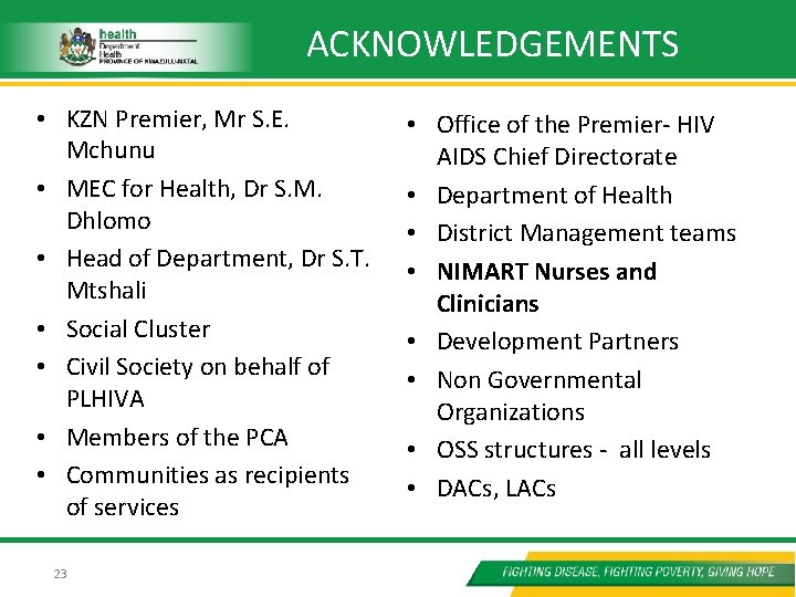 ACKNOWLEDGEMENTS • KZN Premier, Mr S. E. Mchunu • MEC for Health, Dr S.