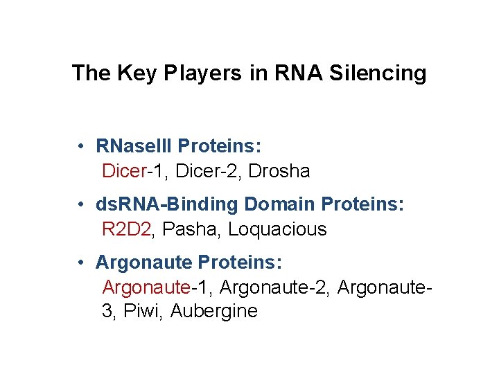 The Key Players in RNA Silencing • RNase. III Proteins: Dicer-1, Dicer-2, Drosha •