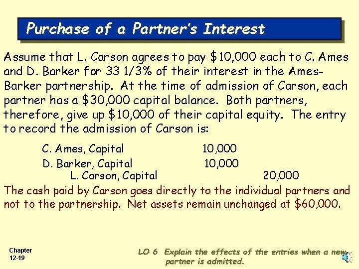 Purchase of a Partner’s Interest Assume that L. Carson agrees to pay $10, 000