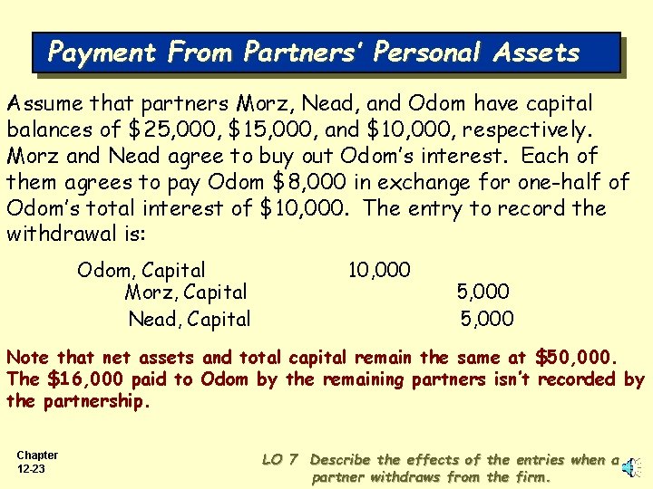Payment From Partners’ Personal Assets Assume that partners Morz, Nead, and Odom have capital