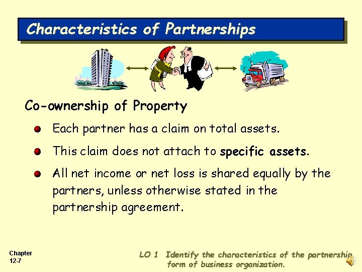 Characteristics of Partnerships Co-ownership of Property Each partner has a claim on total assets.