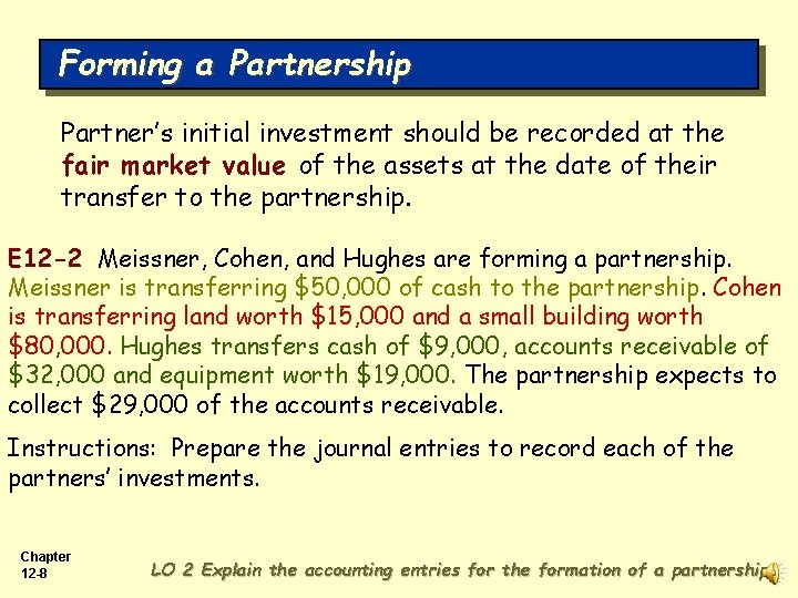 Forming a Partnership Partner’s initial investment should be recorded at the fair market value