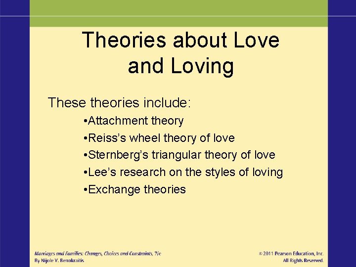 Theories about Love and Loving These theories include: • Attachment theory • Reiss’s wheel Theories about Love and Loving These theories include: • Attachment theory • Reiss’s wheel
