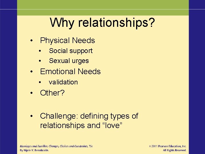 Why relationships? • Physical Needs • • Social support Sexual urges • Emotional Needs Why relationships? • Physical Needs • • Social support Sexual urges • Emotional Needs