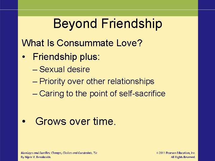 Beyond Friendship What Is Consummate Love? • Friendship plus: – Sexual desire – Priority Beyond Friendship What Is Consummate Love? • Friendship plus: – Sexual desire – Priority