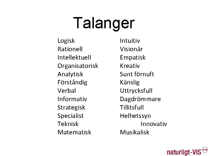 Talanger Logisk Rationell Intellektuell Organisatorisk Analytisk Förståndig Verbal Informativ Strategisk Specialist Teknisk Matematisk Intuitiv