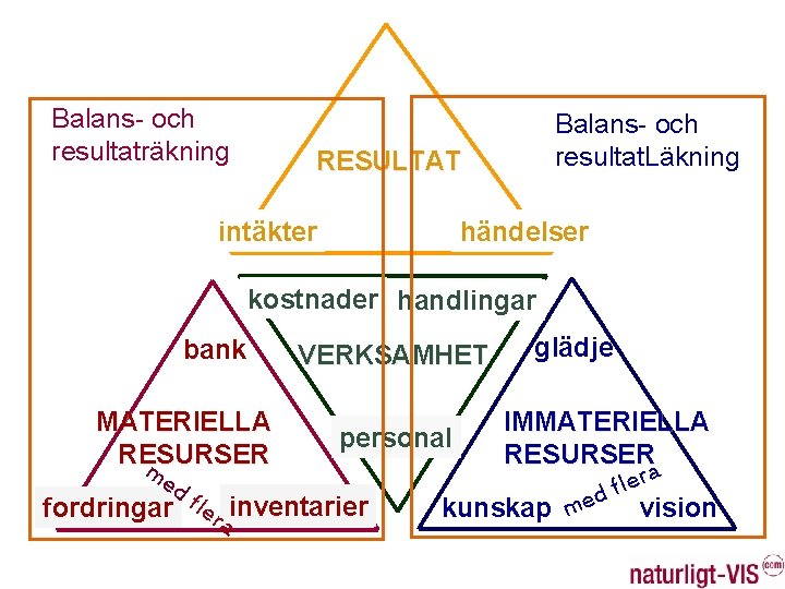 Balans- och resultaträkning Balans- och resultat. Läkning RESULTAT intäkter händelser kostnader handlingar bank VERKSAMHET