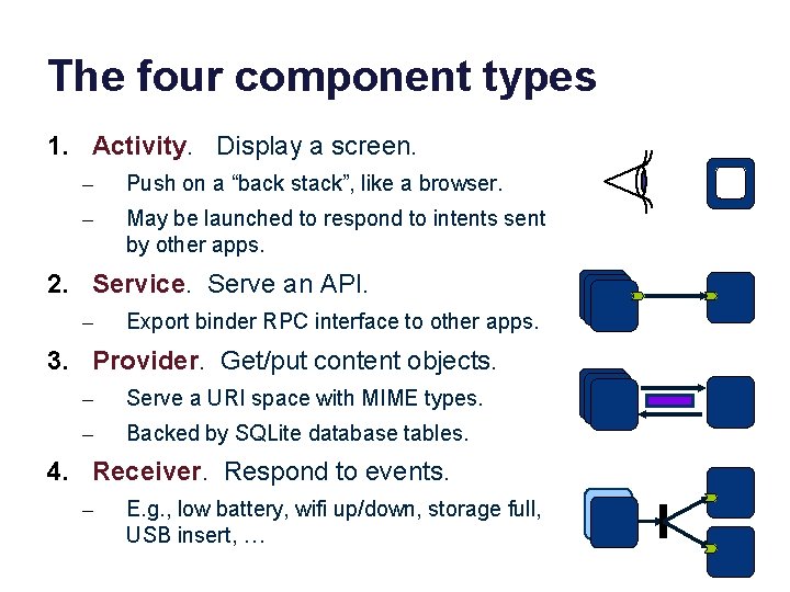 The four component types 1. Activity. Display a screen. – Push on a “back