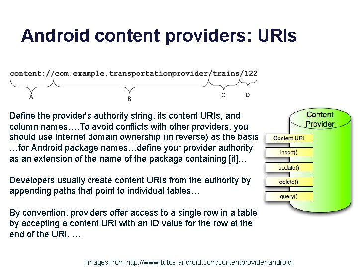Android content providers: URIs Define the provider's authority string, its content URIs, and column
