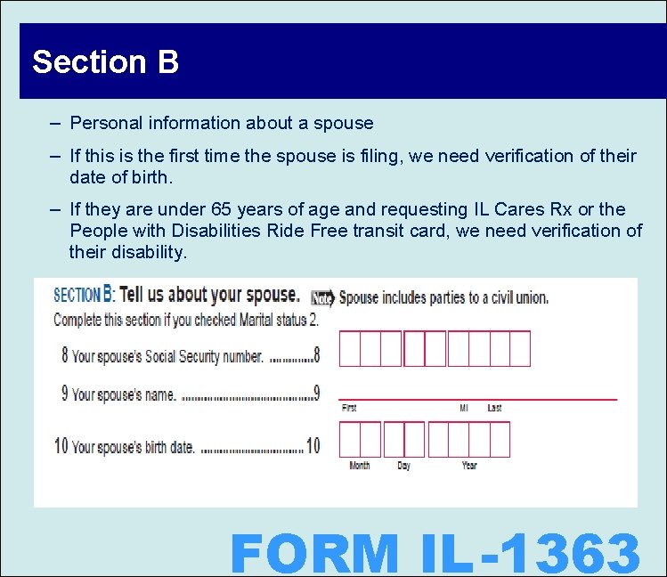 Section B – Personal information about a spouse – If this is the first