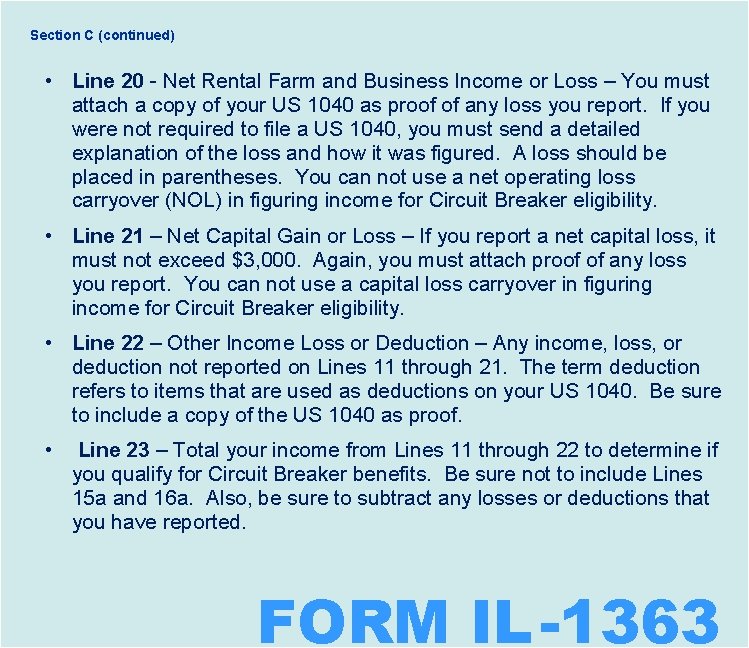 Section C (continued) • Line 20 - Net Rental Farm and Business Income or