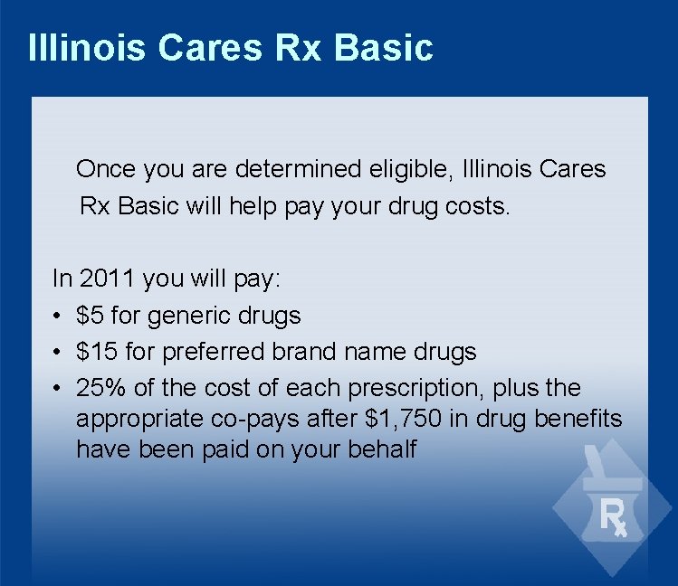 Illinois Cares Rx Basic Once you are determined eligible, Illinois Cares Rx Basic will