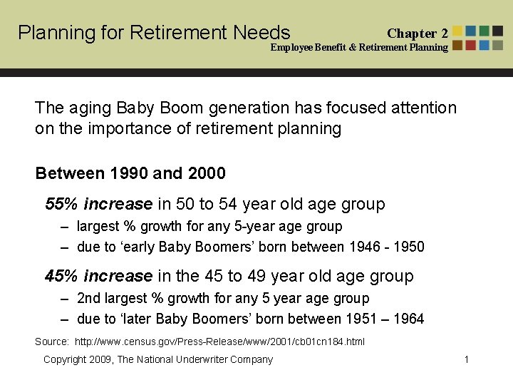 Planning for Retirement Needs Chapter 2 Employee Benefit & Retirement Planning The aging Baby