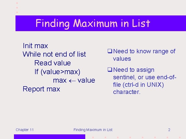 Finding Maximum in List Init max While not end of list Read value If
