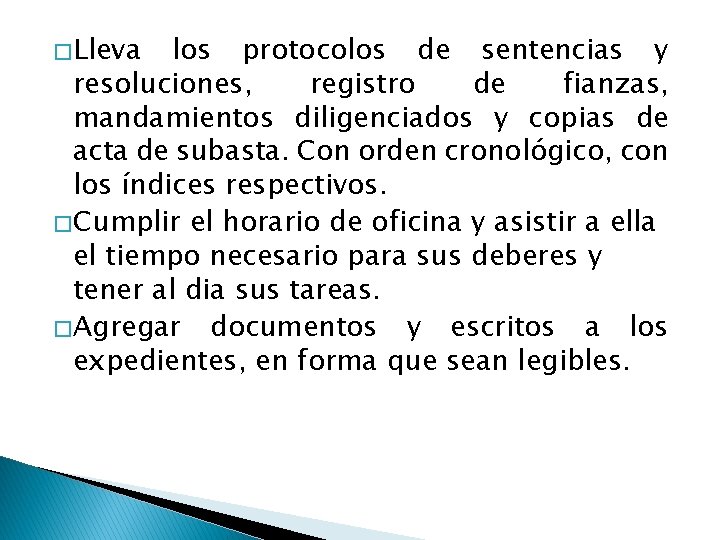 � Lleva los protocolos de sentencias y resoluciones, registro de fianzas, mandamientos diligenciados y