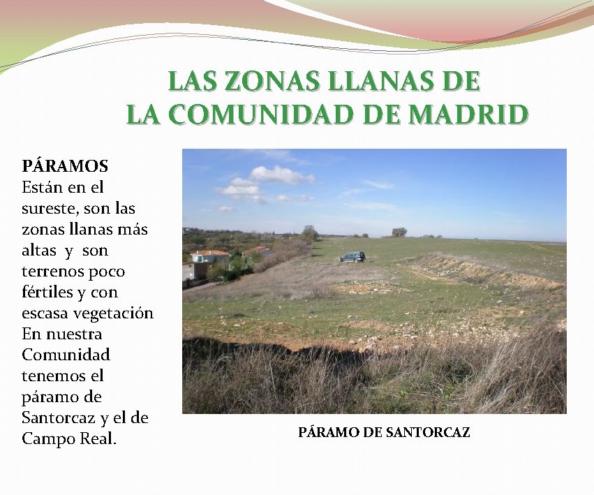 LAS ZONAS LLANAS DE LA COMUNIDAD DE MADRID PÁRAMOS Están en el sureste, son