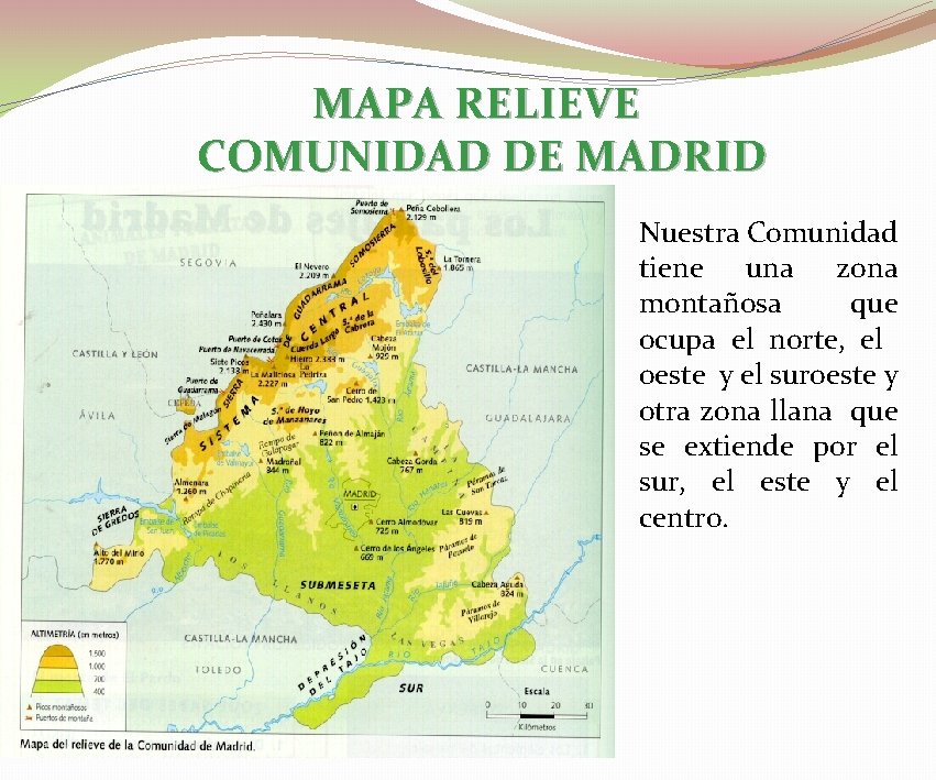MAPA RELIEVE COMUNIDAD DE MADRID Nuestra Comunidad tiene una zona montañosa que ocupa el