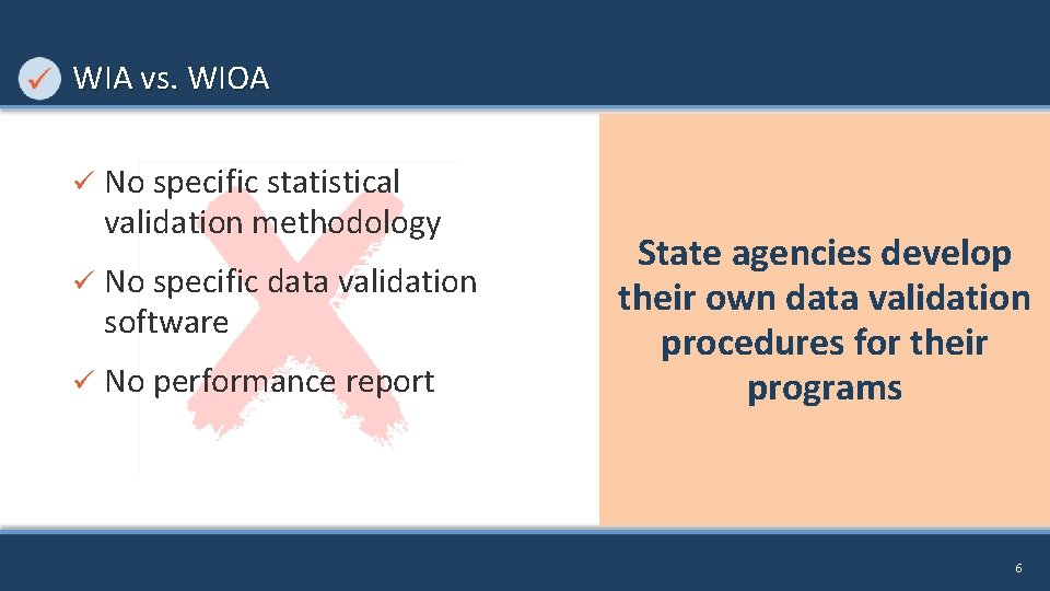 WIA vs. WIOA ü No specific statistical validation methodology ü No specific data validation