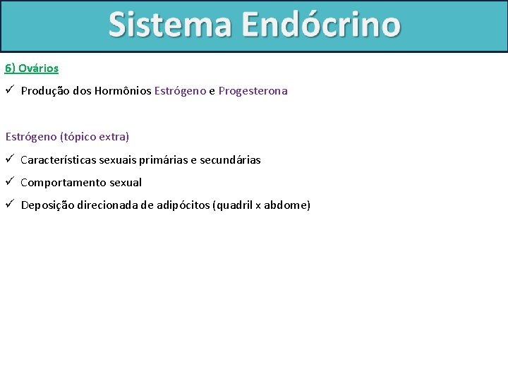 6) Ovários ü Produção dos Hormônios Estrógeno e Progesterona Estrógeno (tópico extra) ü Características