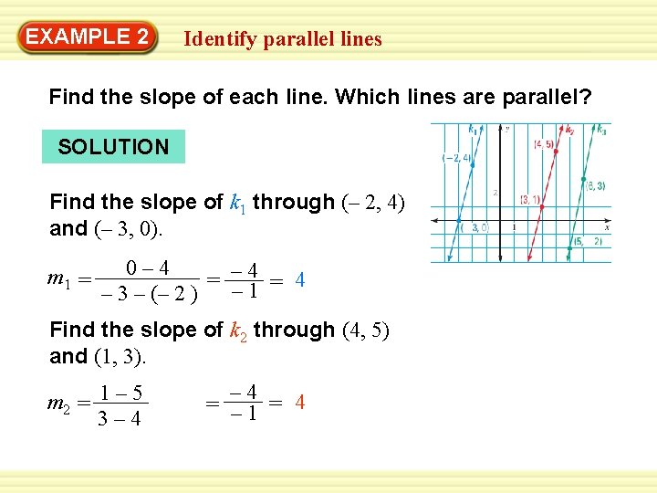 Warm-Up 2 Exercises EXAMPLE Identify parallel lines Find the slope of each line. Which