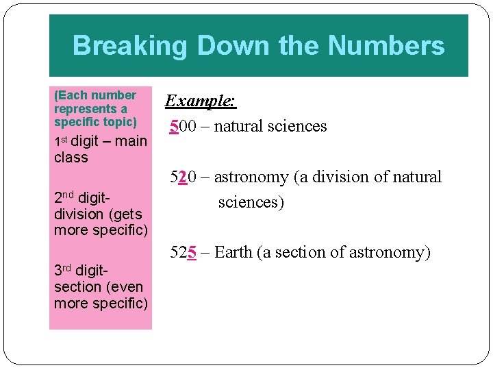 Breaking Down the Numbers (Each number represents a specific topic) 1 st digit class
