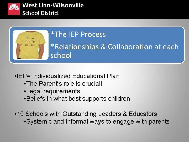 West Linn-Wilsonville School District *The IEP Process *Relationships & Collaboration at each school •