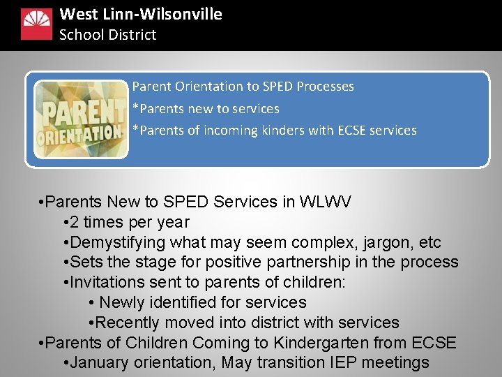 West Linn-Wilsonville School District Parent Orientation to SPED Processes *Parents new to services *Parents