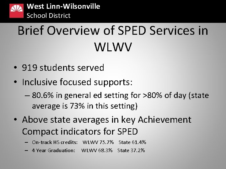 West Linn-Wilsonville School District Brief Overview of SPED Services in WLWV • 919 students