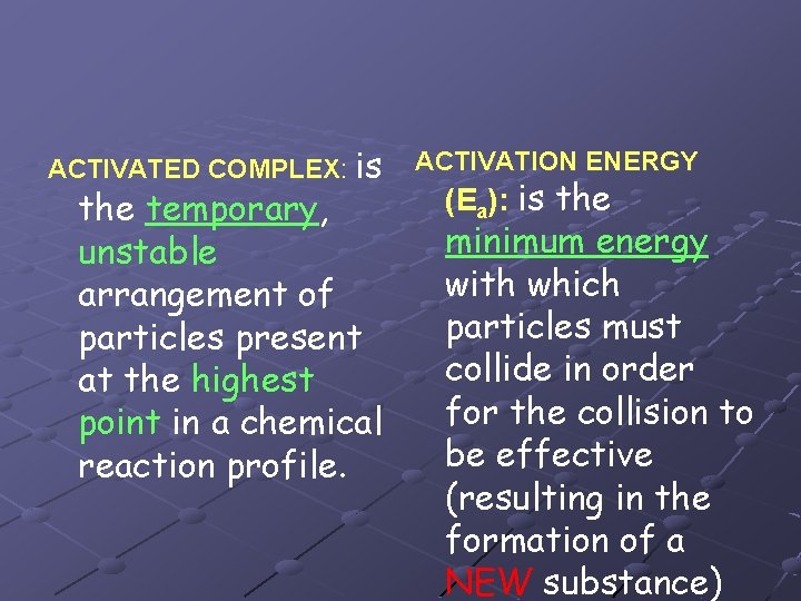 ACTIVATED COMPLEX: is the temporary, unstable arrangement of particles present at the highest point