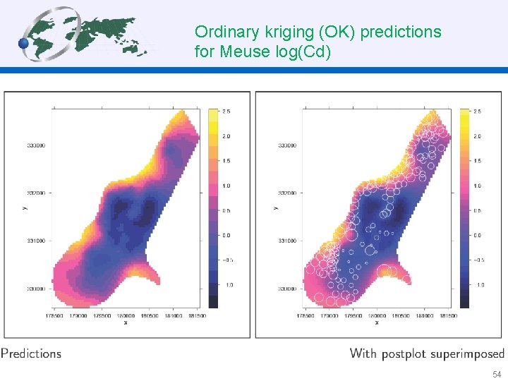 Ordinary kriging (OK) predictions for Meuse log(Cd) 54 