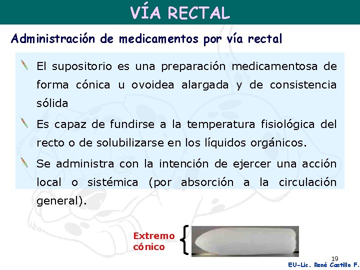 VÍA RECTAL Administración de medicamentos por vía rectal El supositorio es una preparación medicamentosa