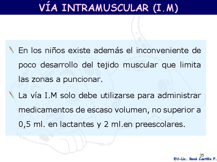 VÍA INTRAMUSCULAR (I. M) En los niños existe además el inconveniente de poco desarrollo