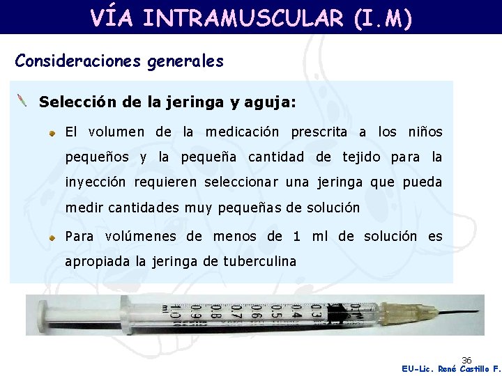 VÍA INTRAMUSCULAR (I. M) Consideraciones generales Selección de la jeringa y aguja: El volumen