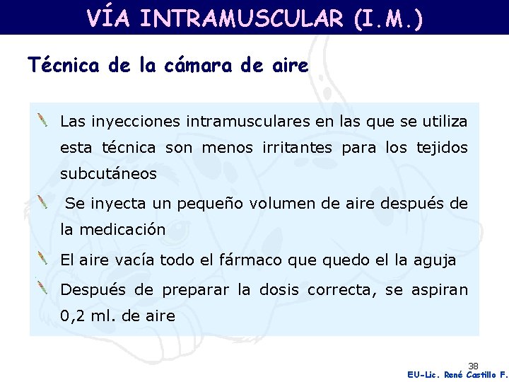 VÍA INTRAMUSCULAR (I. M. ) Técnica de la cámara de aire Las inyecciones intramusculares