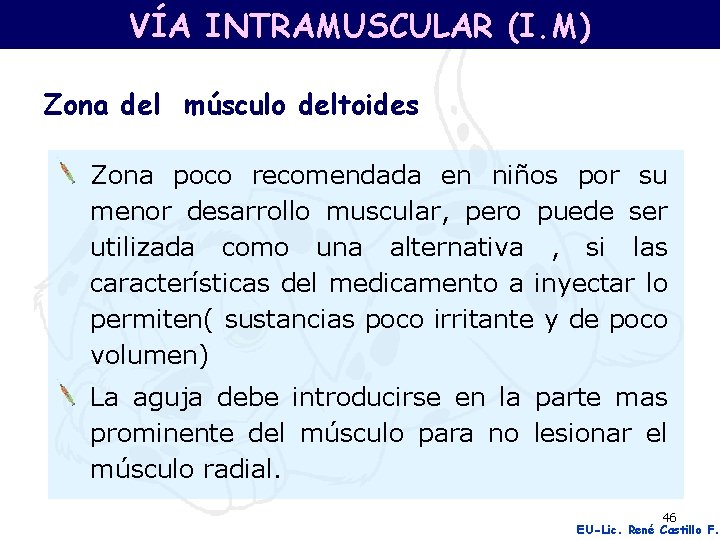 VÍA INTRAMUSCULAR (I. M) Zona del músculo deltoides Zona poco recomendada en niños por