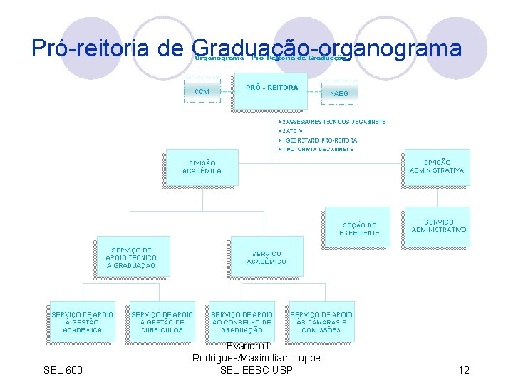 Pró-reitoria de Graduação-organograma SEL-600 Evandro L. L. Rodrigues/Maximiliam Luppe SEL-EESC-USP 12 