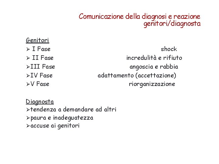 Comunicazione della diagnosi e reazione genitori/diagnosta Genitori Ø I Fase Ø II Fase ØIV