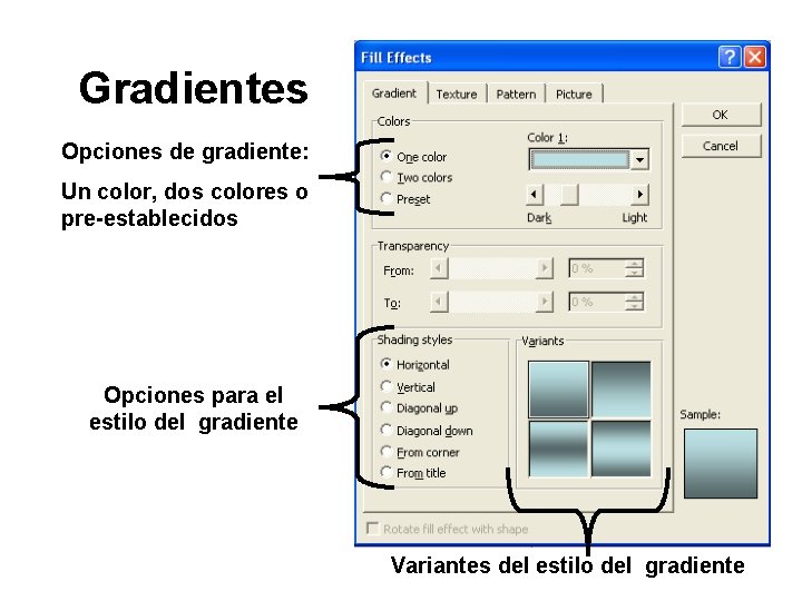 Gradientes Opciones de gradiente: Un color, dos colores o pre-establecidos Opciones para el estilo